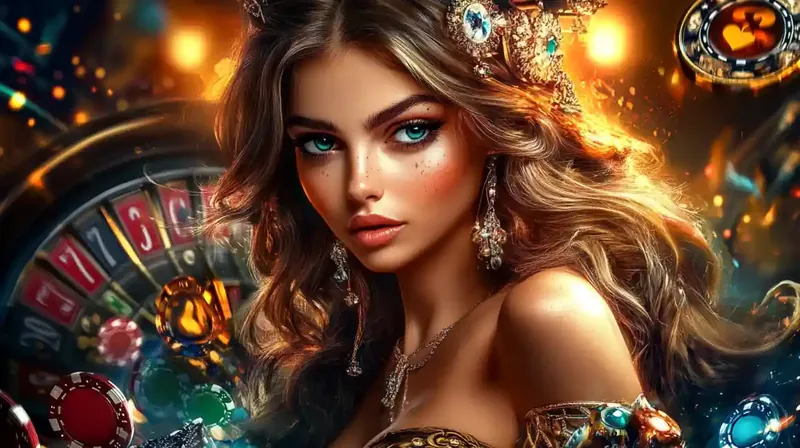 Elegant woman in glamorous casino setting with roulette wheel, poker chips and sparkling lights