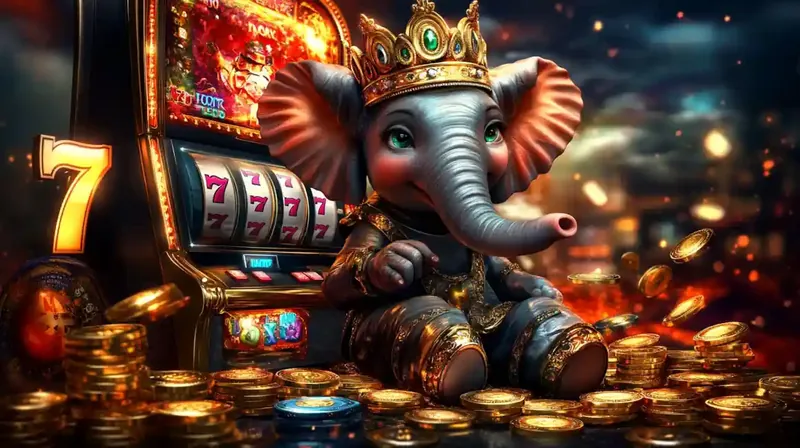 Crowned elephant character with slot machine displaying lucky sevens and golden coins