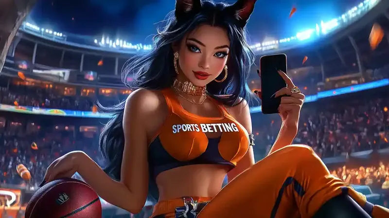 Attractive model promoting sports betting in illuminated stadium with basketball